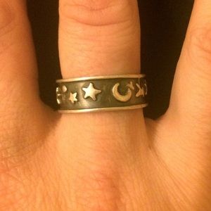 Size8 Sterling Silver 1990's Moon And Stars Ring